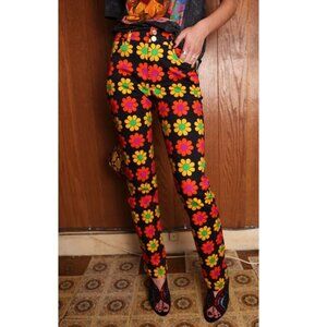 BruceGlen Daisy Print Flare Jeans 2 Black Pink Orange 70s Boho Colorful Floral